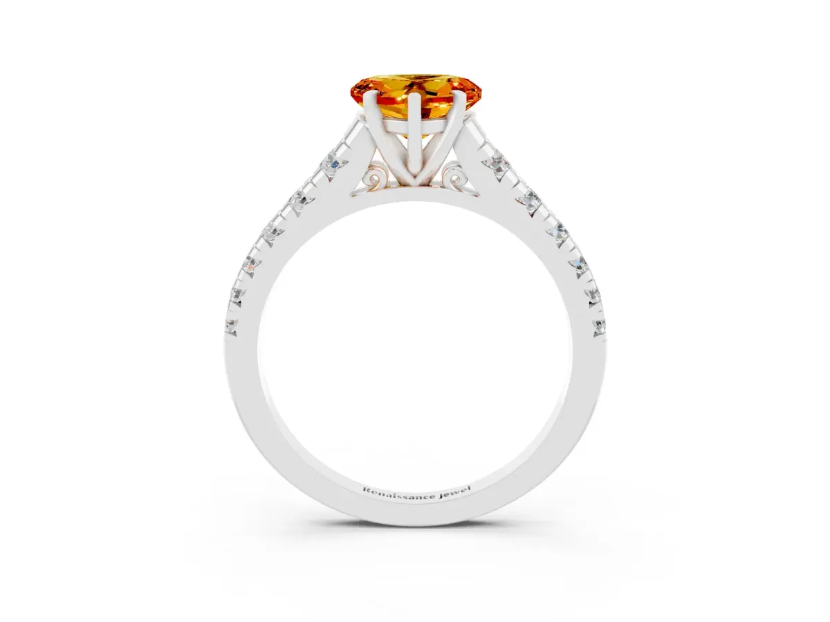 Heart Cut Citrine Cathedral Solitaire Ring with Round Pavé Band Platinum
