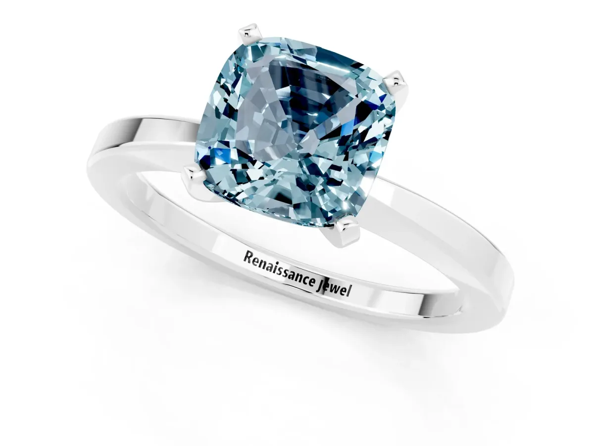 Cushion Cut Aquamarine Solitaire Engagement Ring with Classic Band and Four-Prong Setting Silver