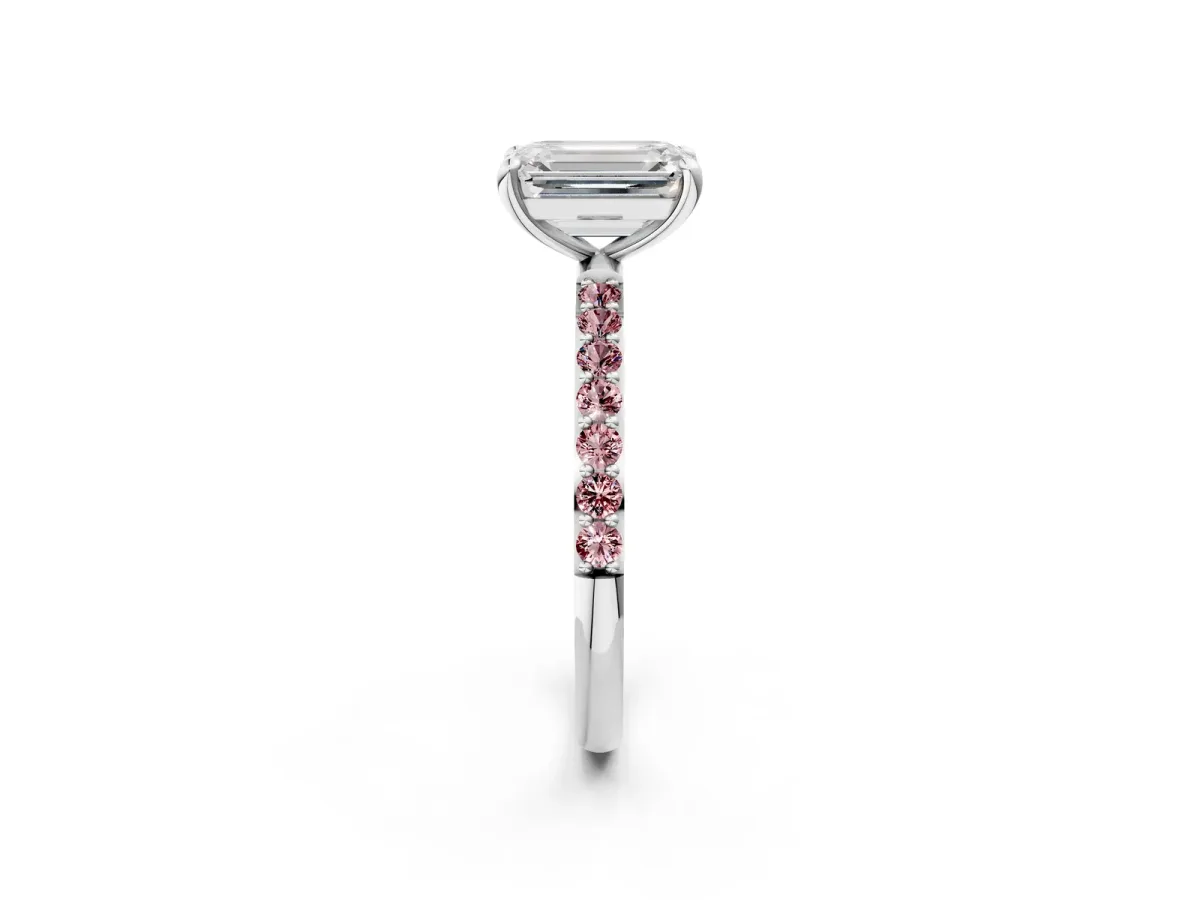 Emerald Cut Diamond Solitaire Ring with Round Morganite Pavé Band and Prong Setting Silver