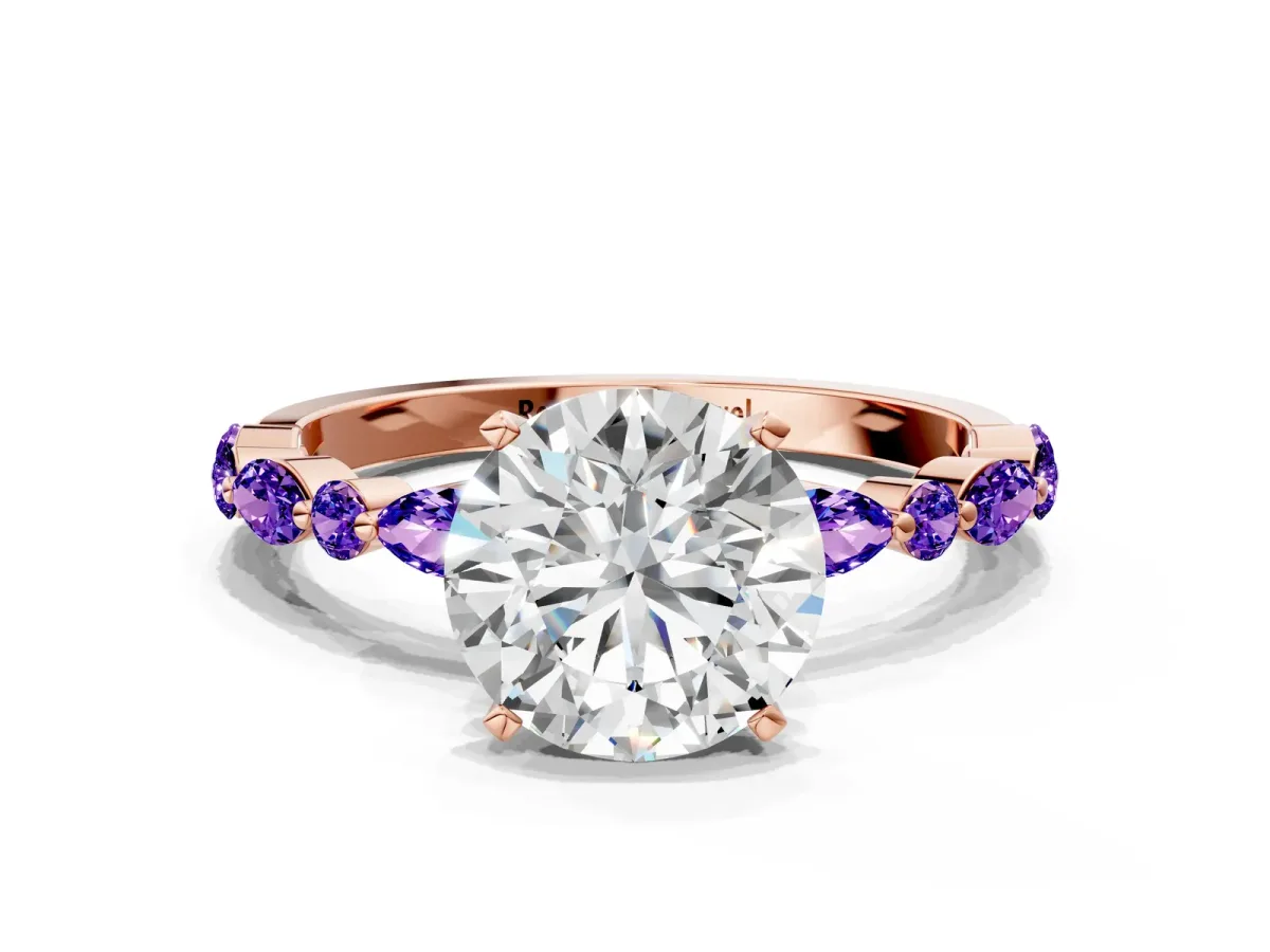 Round Cut Diamond Ring with Marquise and Round Tanzanite Side Stones and Four-Prong Setting Rose gold