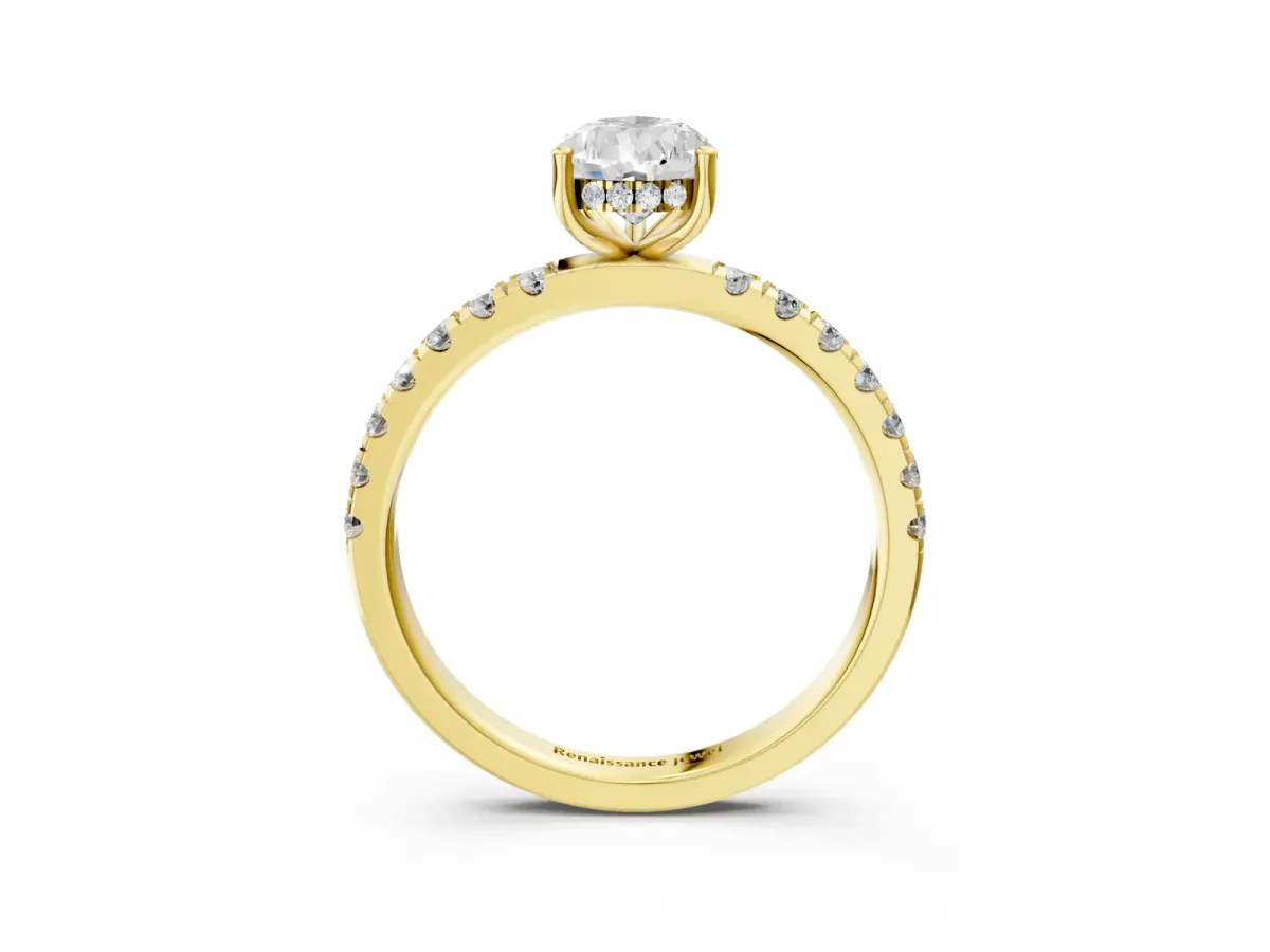 Pear Cut Diamond Pave Band Solitaire Ring with Round and Prong Setting Yellow gold