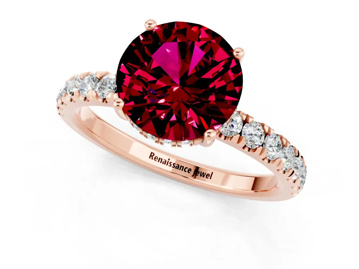 Round Cut Garnet Pave Band Solitaire Ring with Round and Prong Setting Rose gold