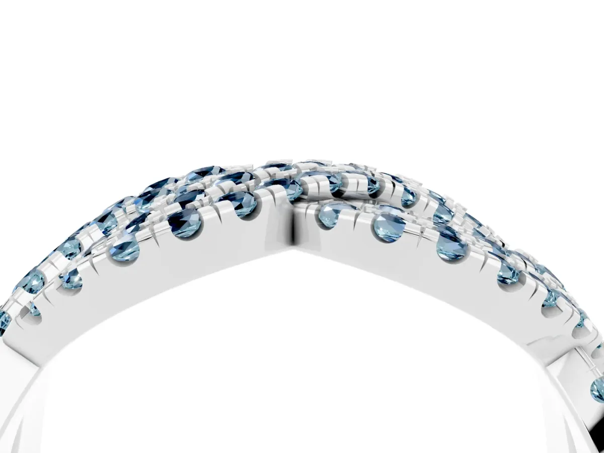 Pavé Round Aquamarine Infinity Twist Band with Shared Prong Setting Silver