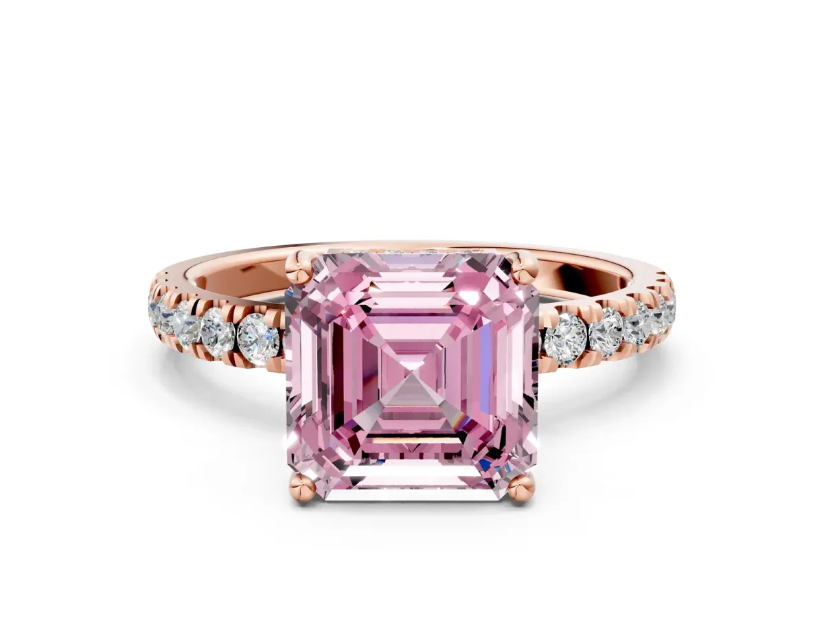 Fancy Pink Asscher Cut Diamond Pave Band Solitaire Ring with Round and Prong Setting Rose gold