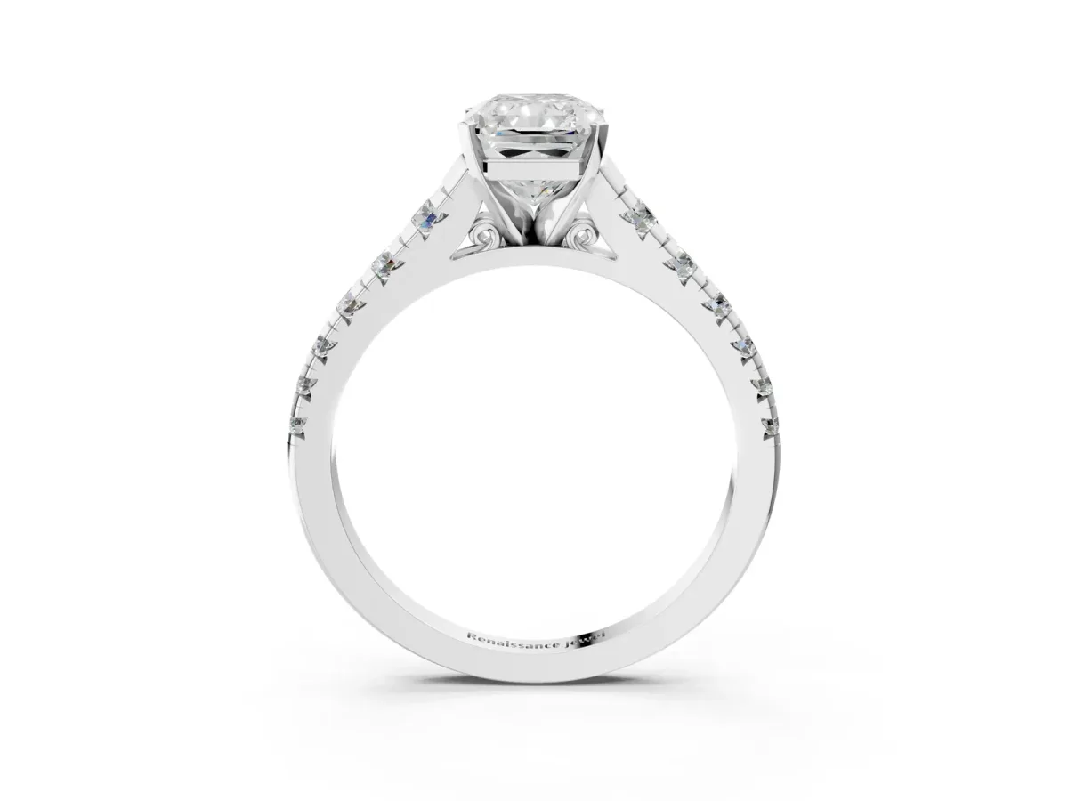 Radiant Cut Diamond Cathedral Solitaire Ring with Round Pavé Band Platinum