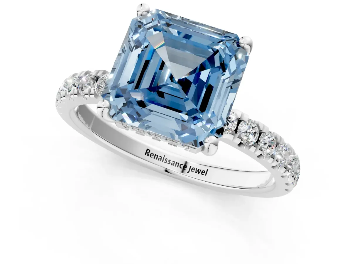 Fancy Blue Asscher Cut Diamond Pave Band Solitaire Ring with Round and Prong Setting White gold