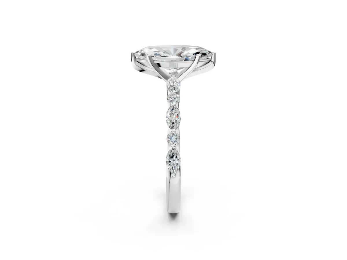 Marquise Cut Diamond Ring with Marquise and Round Moissanite Side Stones and Four-Prong Setting Silver