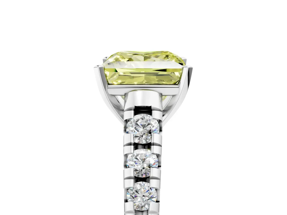 Fancy Yellow Princess Cut Diamond Cathedral Solitaire Ring with Round Pavé Band Platinum