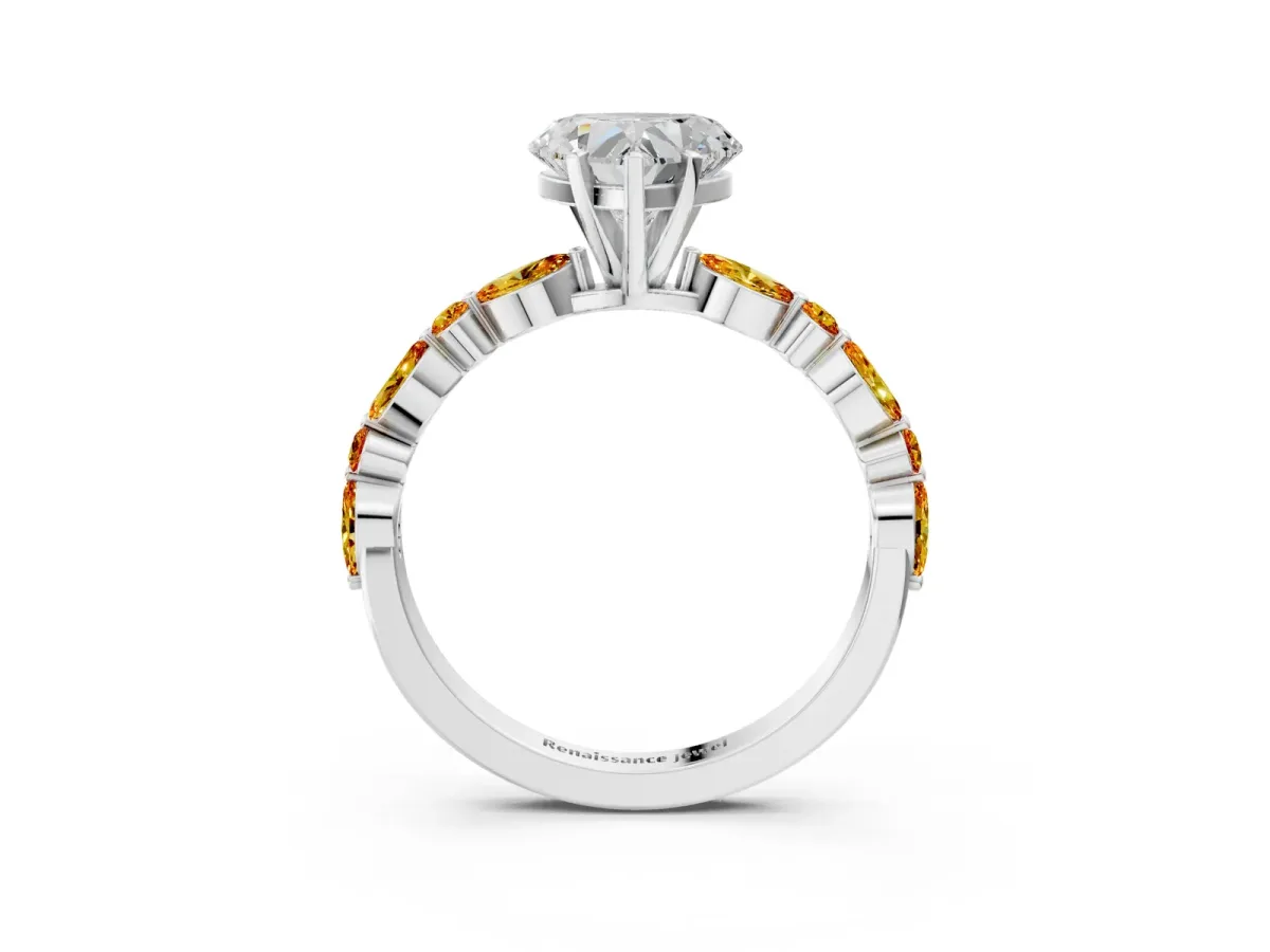 Heart Cut Diamond Ring with Marquise and Round Citrine Side Stones and Four-Prong Setting Silver