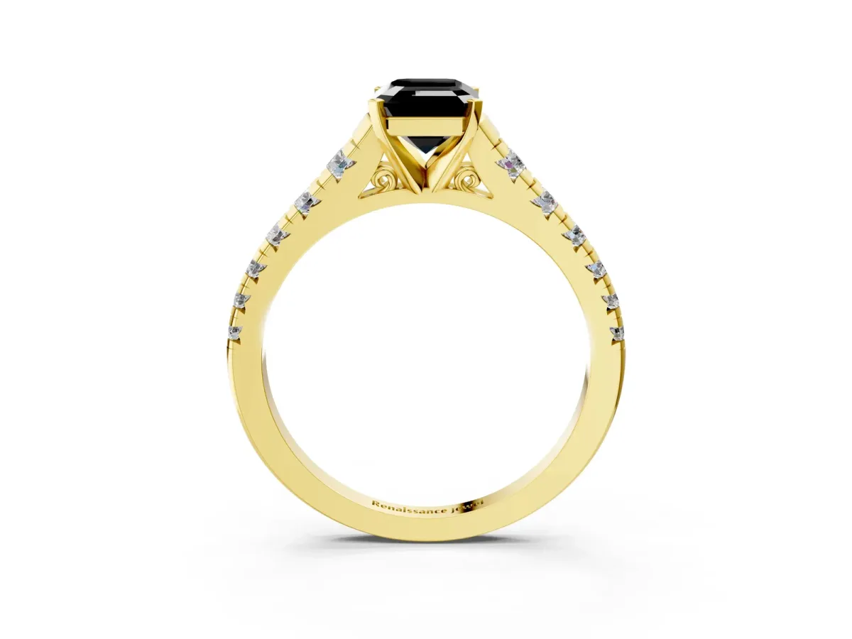 Fancy Black Emerald Cut Diamond Cathedral Solitaire Ring with Round Pavé Band Yellow gold