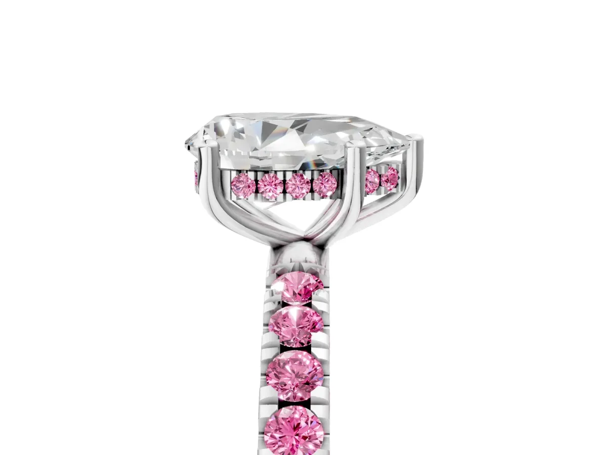 Pear Cut Diamond Pave Band Solitaire Ring with Round Pink Sapphire and Prong Setting White gold