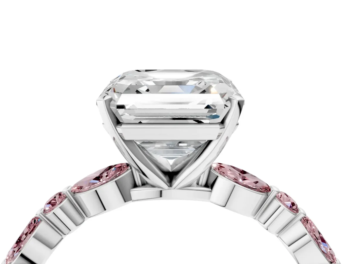 Asscher Cut Diamond Ring with Marquise and Round Morganite Side Stones and Four-Prong Setting Silver