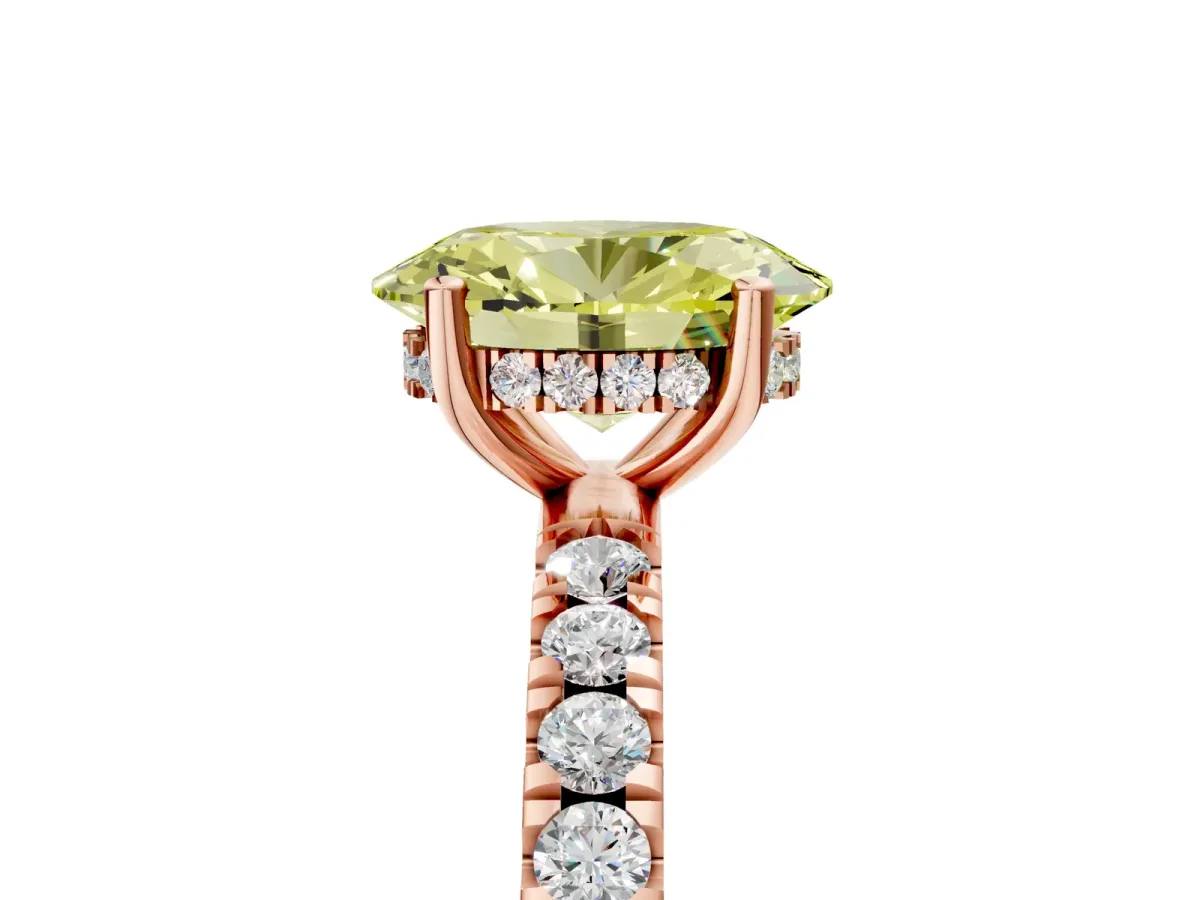Fancy Yellow Oval Cut Diamond Pave Band Solitaire Ring with Round and Prong Setting Rose gold