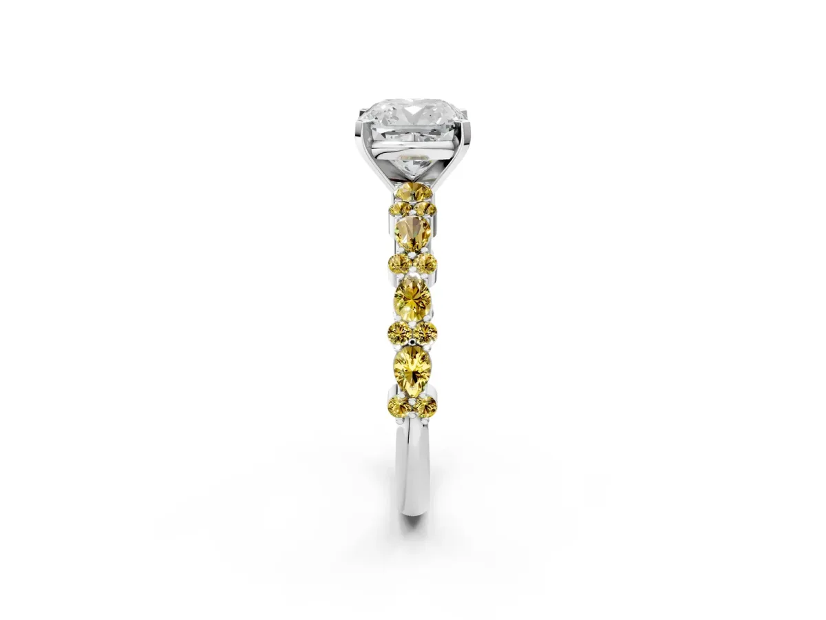 Cushion Cut Diamond Side Stone Solitaire Ring with Round Yellow Sapphire and Four-Prong Setting Platinum