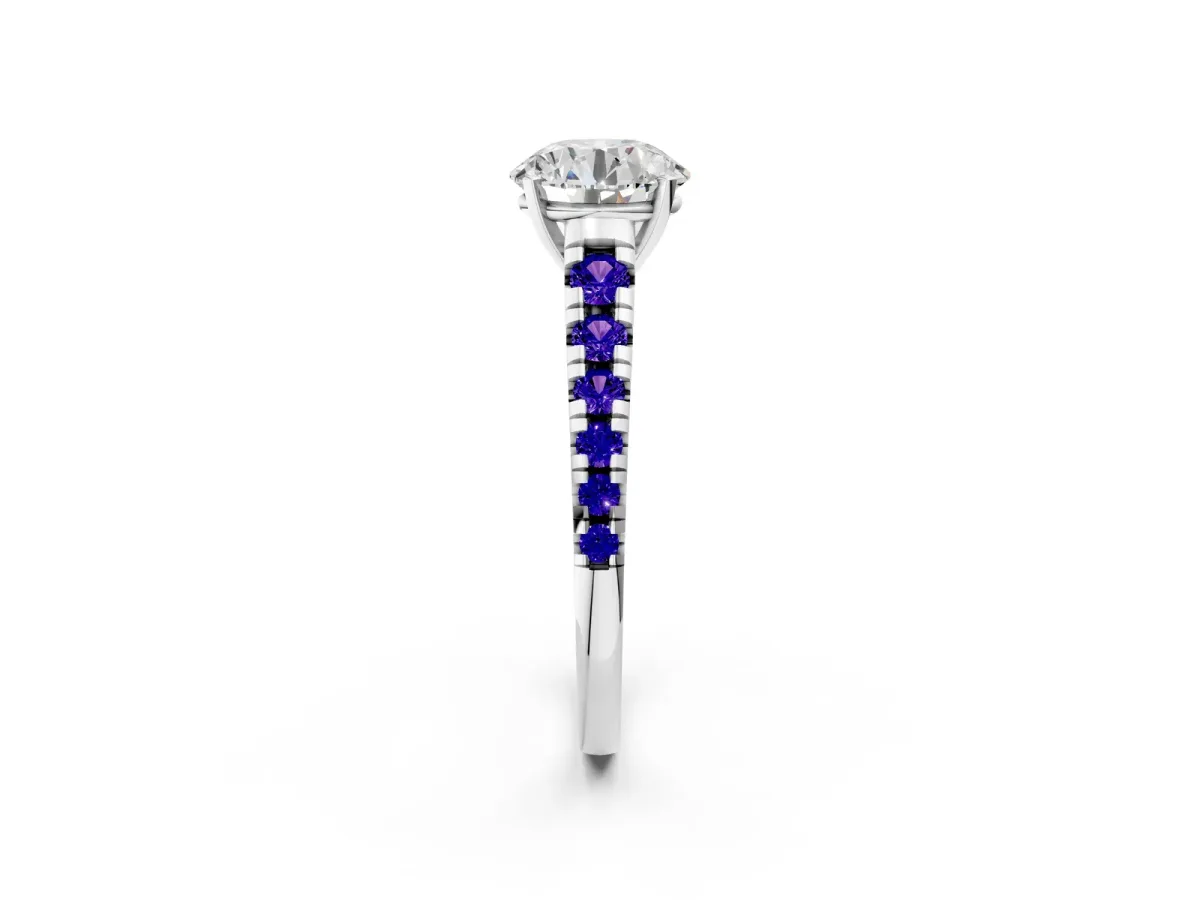 Round Cut Diamond Cathedral Solitaire Ring with Round Tanzanite Pavé Band Silver