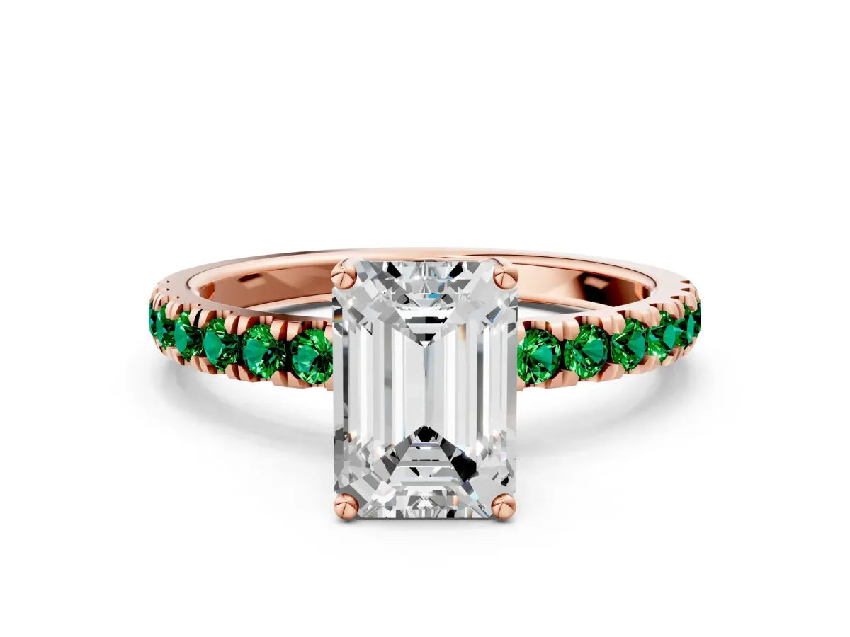 Emerald Cut Diamond Pave Band Solitaire Ring with Round Emerald and Prong Setting Rose gold