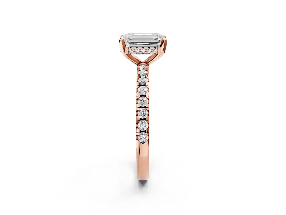 Emerald Cut Diamond Solitaire Ring with Round Pavé Band and Four-Prong Setting Rose gold