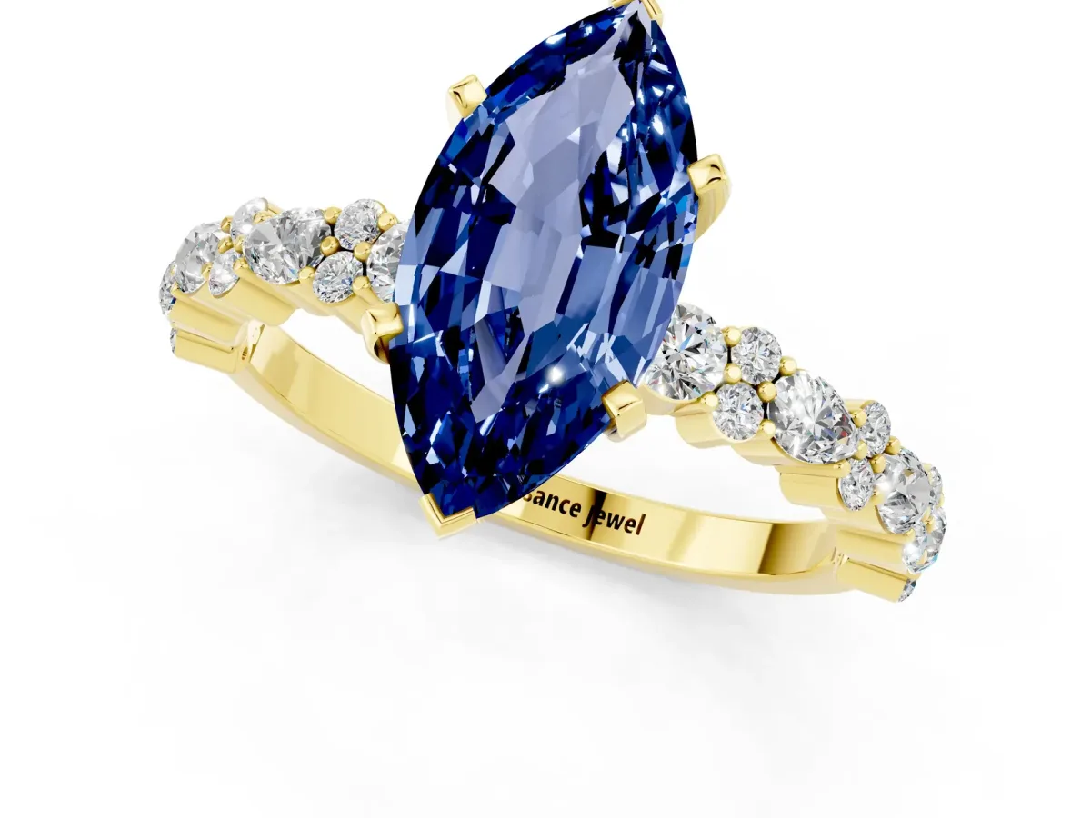 Marquise Cut Blue Sapphire Side Stone Solitaire Ring with Round and Four-Prong Setting Yellow gold