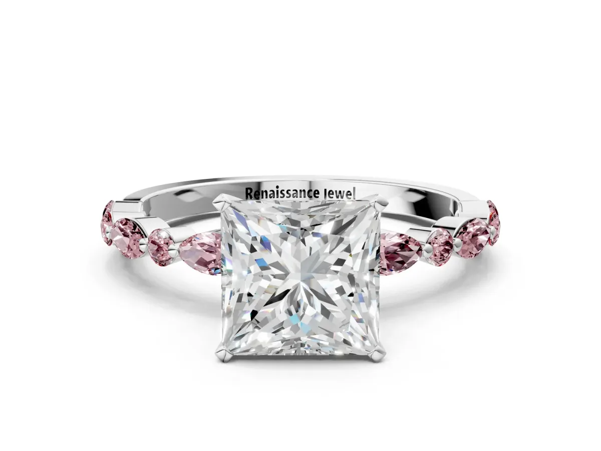 Princess Cut Diamond Ring with Marquise and Round Morganite Side Stones and Four-Prong Setting Silver
