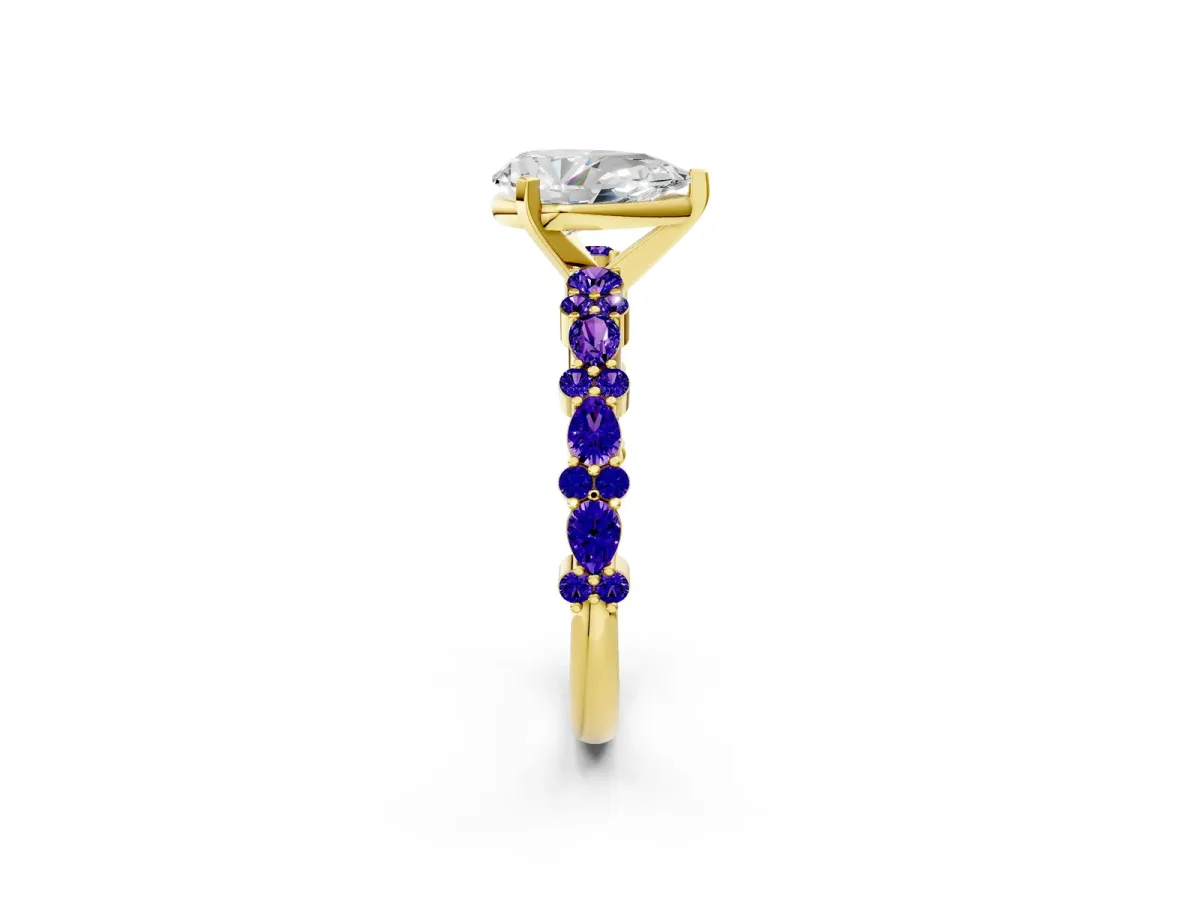 Pear Cut Diamond Side Stone Solitaire Ring with Round Tanzanite and Four-Prong Setting Yellow gold