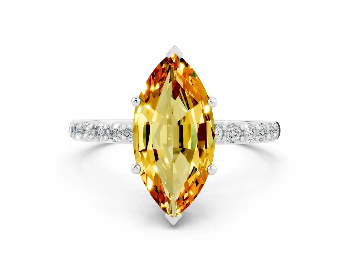 Marquise Cut Citrine Solitaire Ring with Round Pavé Band and Prong Setting White gold