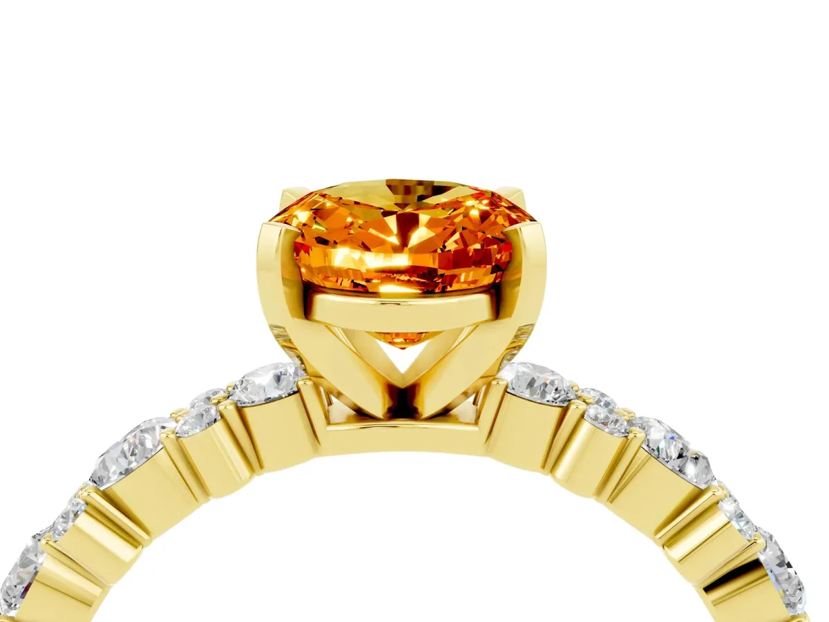 Oval Cut Citrine Side Stone Solitaire Ring with Round and Four-Prong Setting Yellow gold
