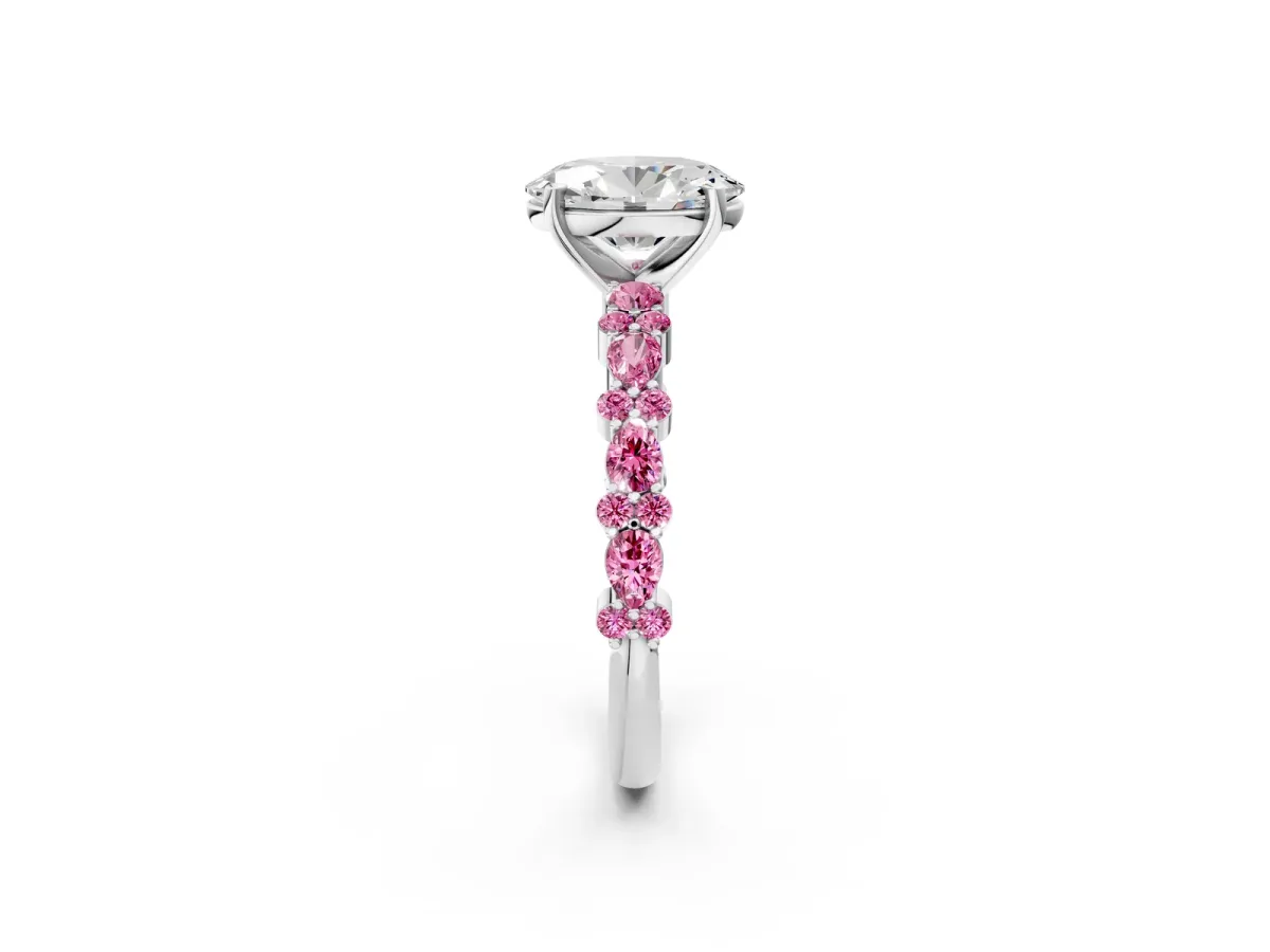 Oval Cut Diamond Side Stone Solitaire Ring with Round Pink Sapphire and Four-Prong Setting White gold
