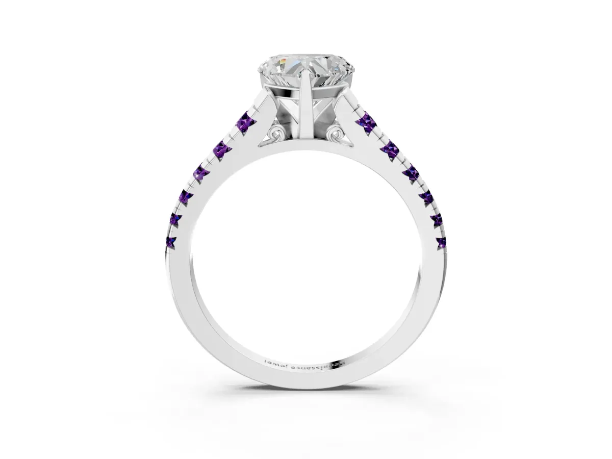 Heart Cut Diamond Cathedral Solitaire Ring with Round Amethyst Pavé Band Silver