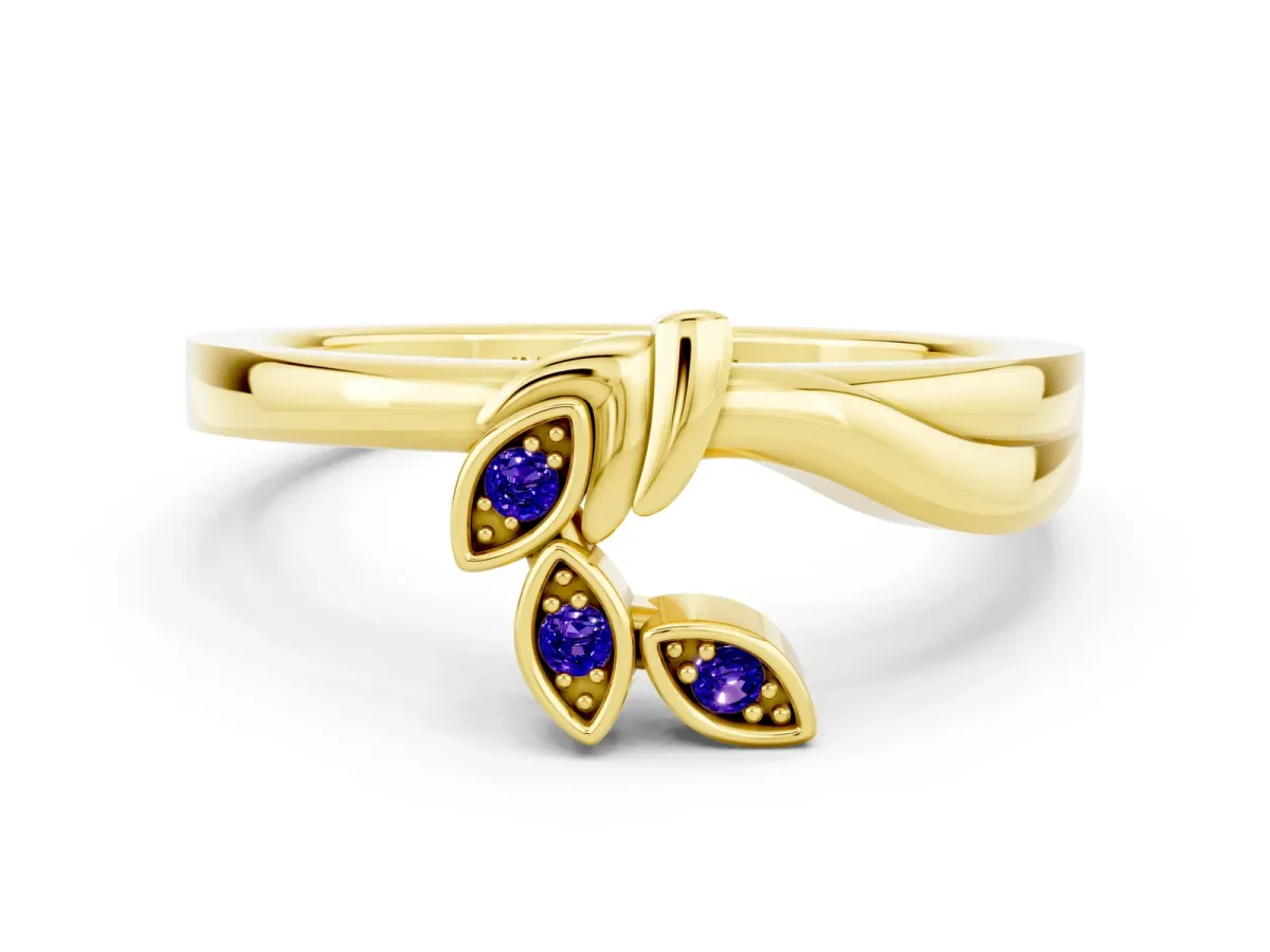 Three-Stone Round Tanzanite Leaf Bypass Ring with Bezel Setting Yellow gold