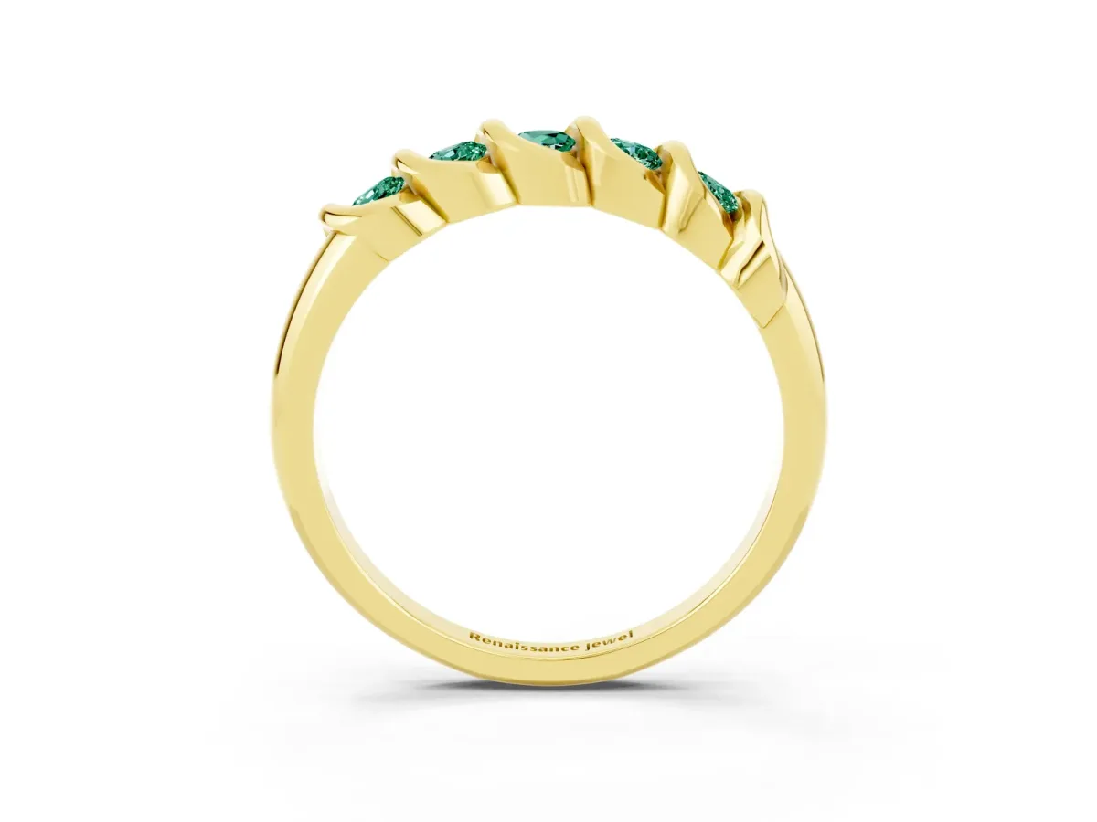 Round Green Sapphire Eternity Band with Twist Prong Setting Yellow gold