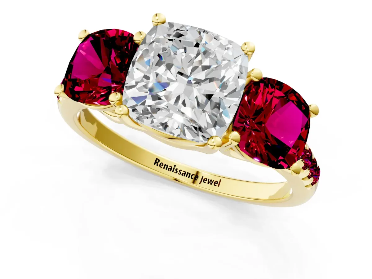Three-Stone Cushion Cut Diamond Ring with Round Garnet Pavé Band and Prong Setting Yellow gold