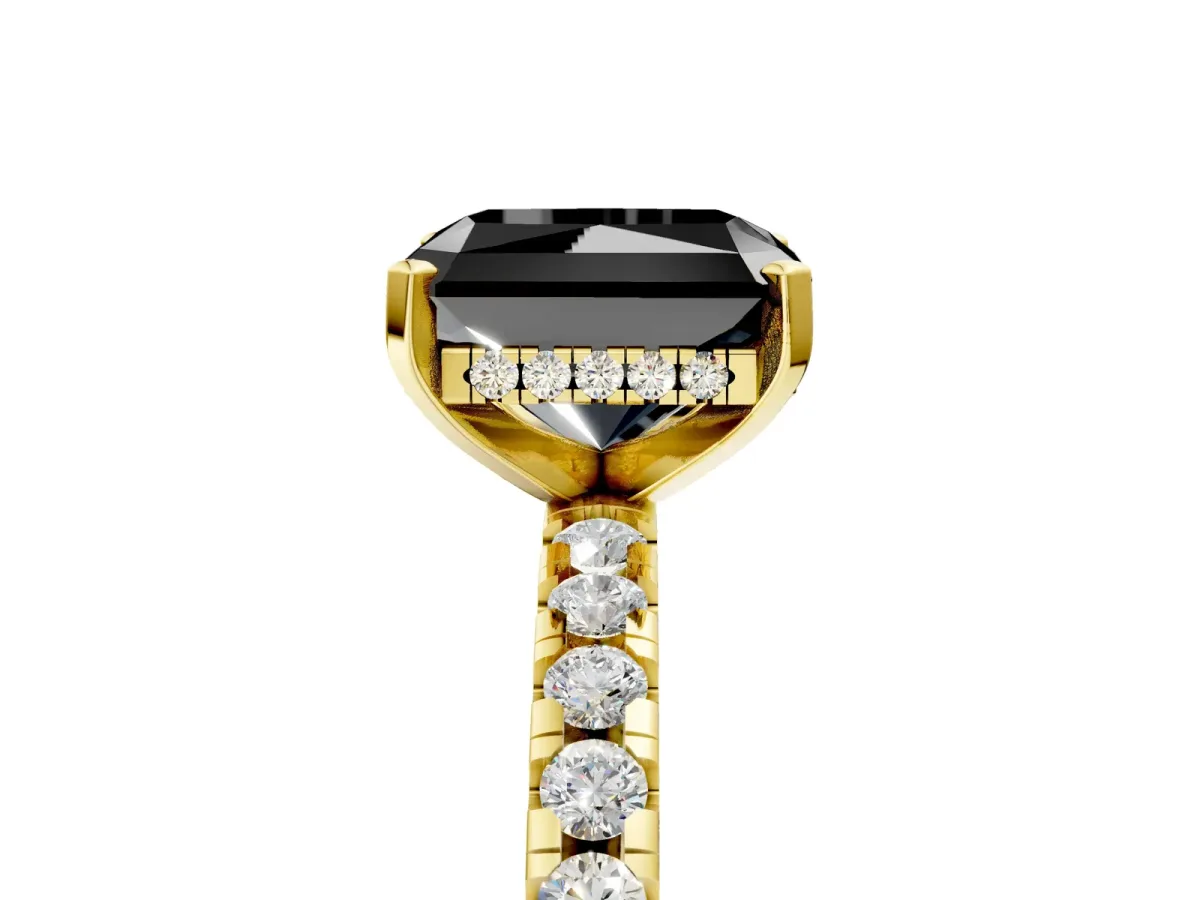 Fancy Black Radiant Cut Diamond Solitaire Ring with Round Pavé Band and Four-Prong Setting Yellow gold