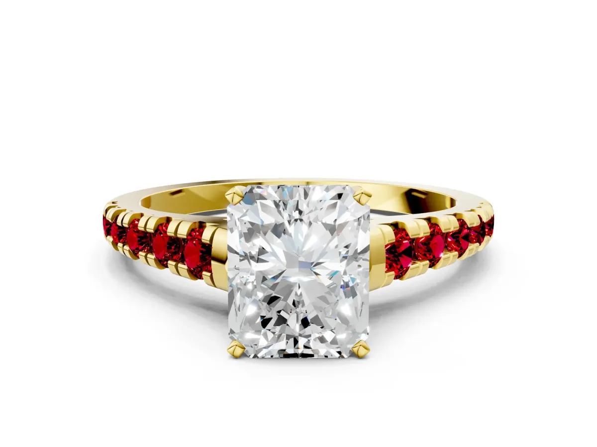 Radiant Cut Diamond Cathedral Solitaire Ring with Round Ruby Pavé Band Yellow gold