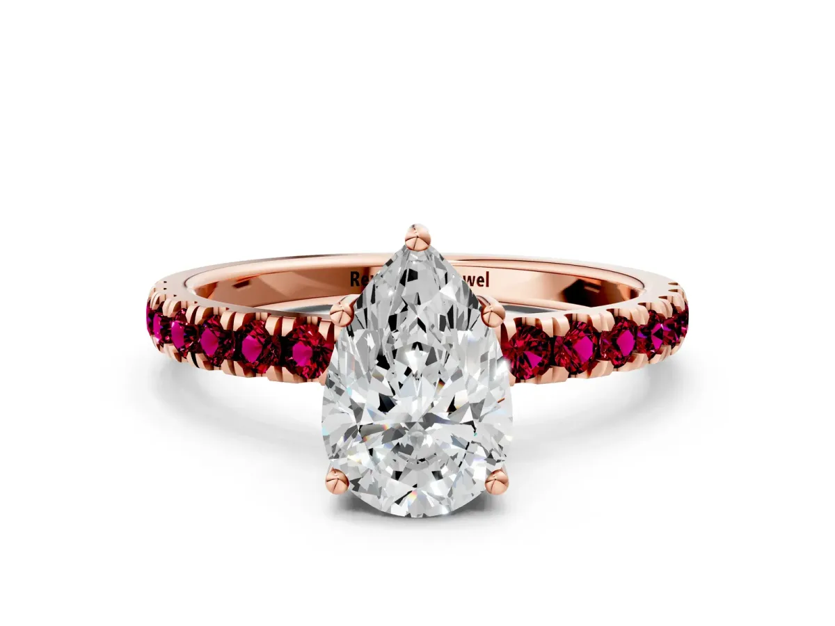 Pear Cut Diamond Pave Band Solitaire Ring with Round Garnet and Prong Setting Rose gold