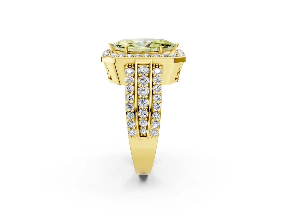 Fancy Yellow Marquise Cut Halo Diamond Ring with Round Split Shank and Prong Setting Yellow gold