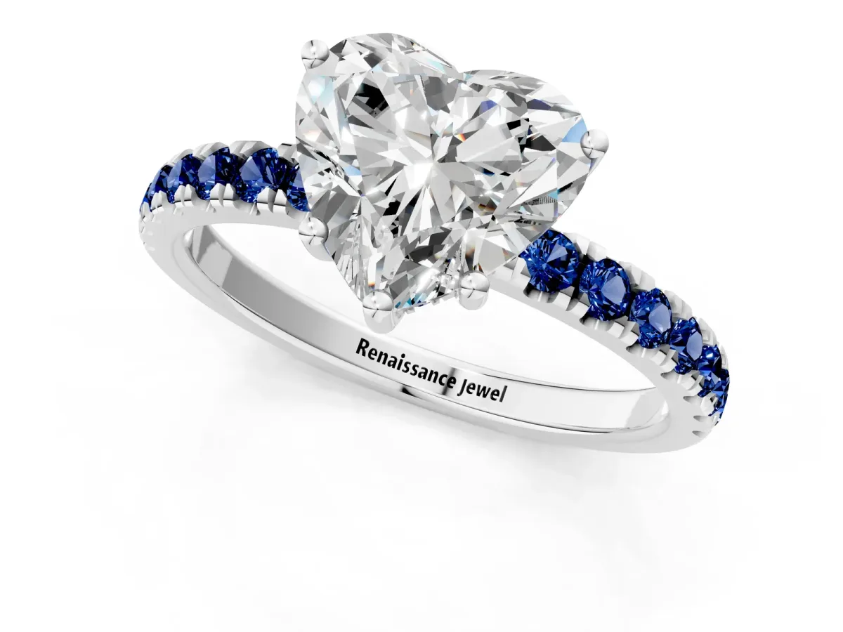 Heart Cut Diamond Pave Band Solitaire Ring with Round Blue Sapphire and Prong Setting Platinum
