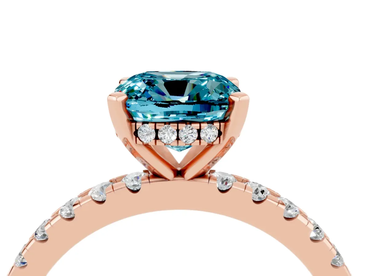 Cushion Cut Blue Topaz Solitaire Ring with Round Pavé Band and Four-Prong Setting Rose gold