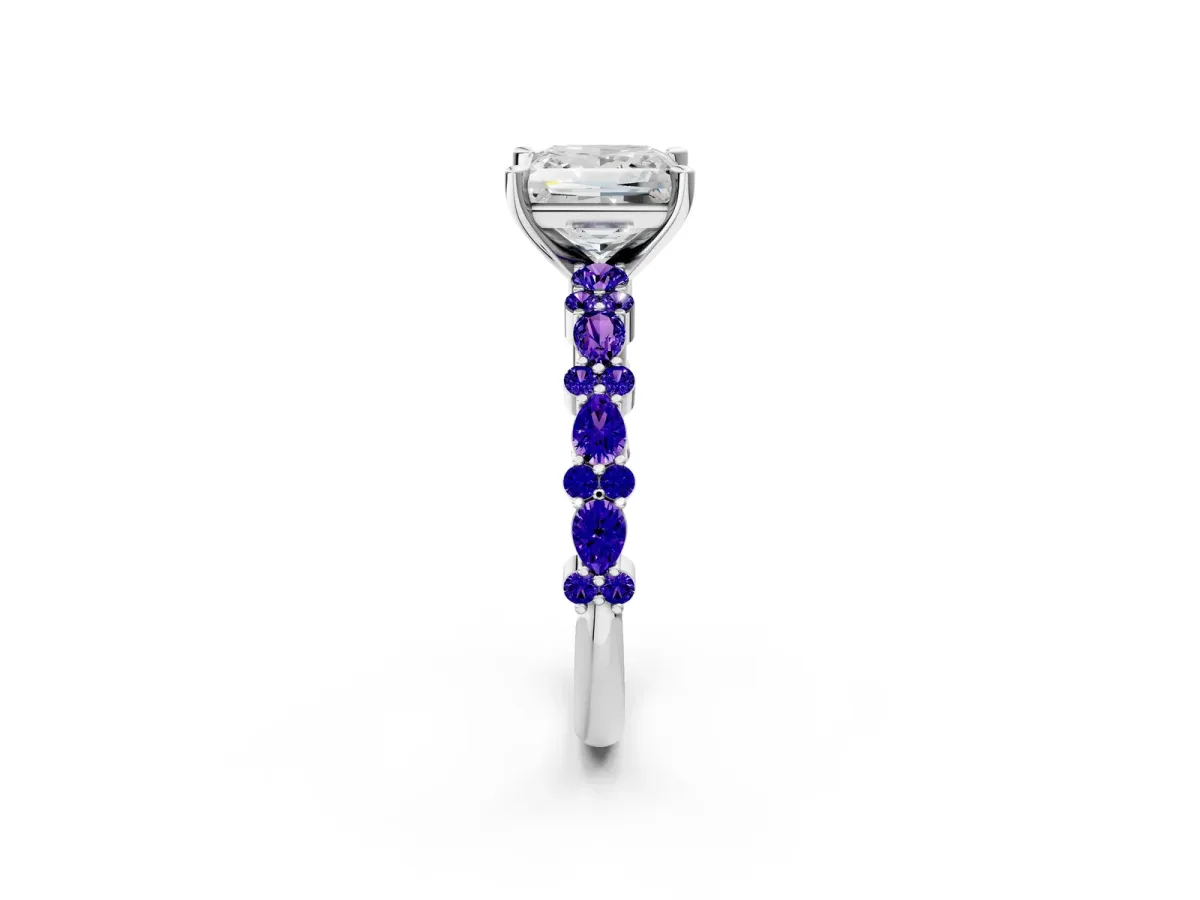 Princess Cut Diamond Side Stone Solitaire Ring with Round Tanzanite and Four-Prong Setting Platinum
