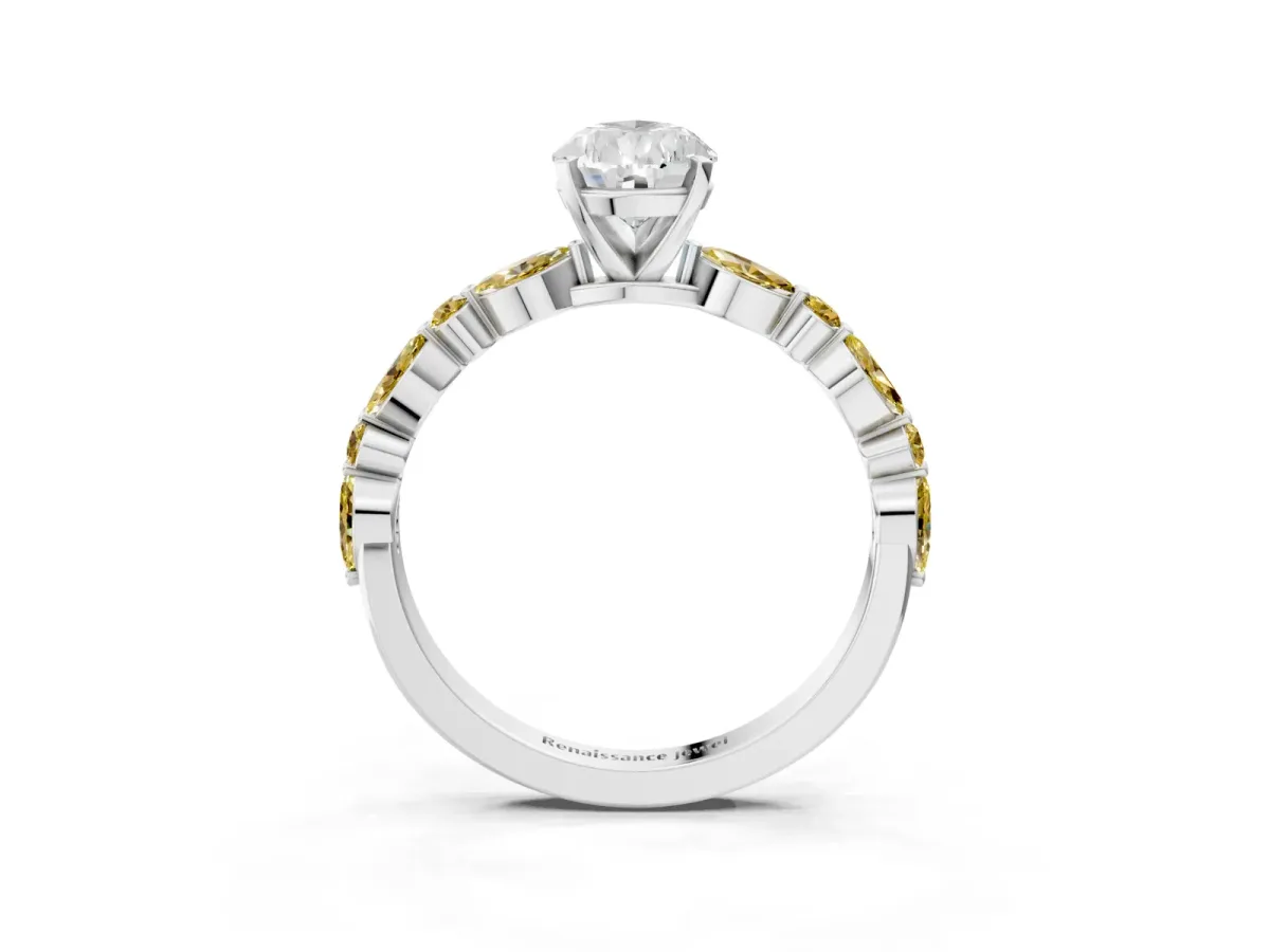 Pear Cut Diamond Ring with Marquise and Round Yellow Sapphire Side Stones and Four-Prong Setting Silver