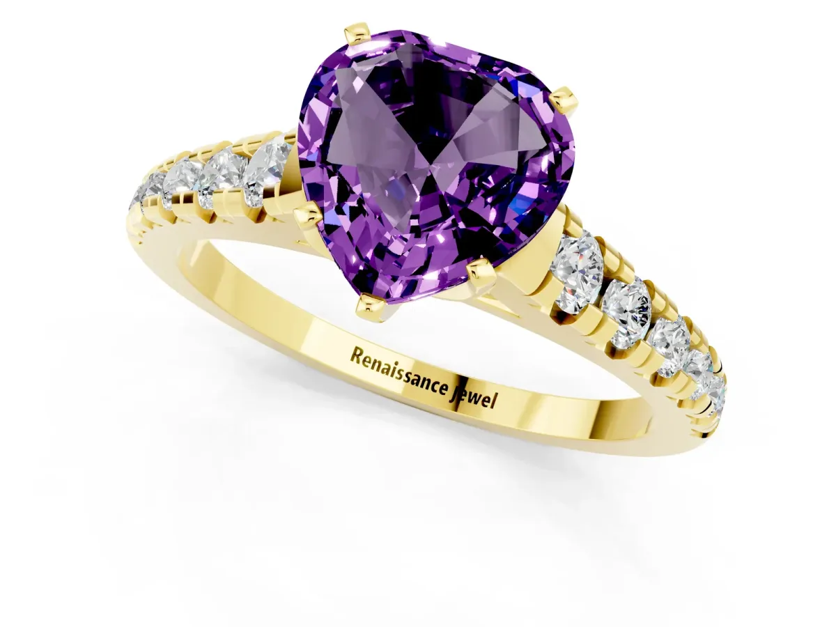 Heart Cut Amethyst Cathedral Solitaire Ring with Round Pavé Band Yellow gold