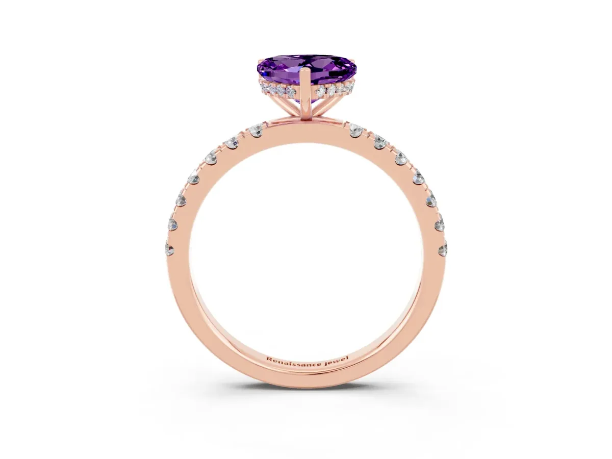 Heart Cut Amethyst Pave Band Solitaire Ring with Round and Prong Setting Rose gold