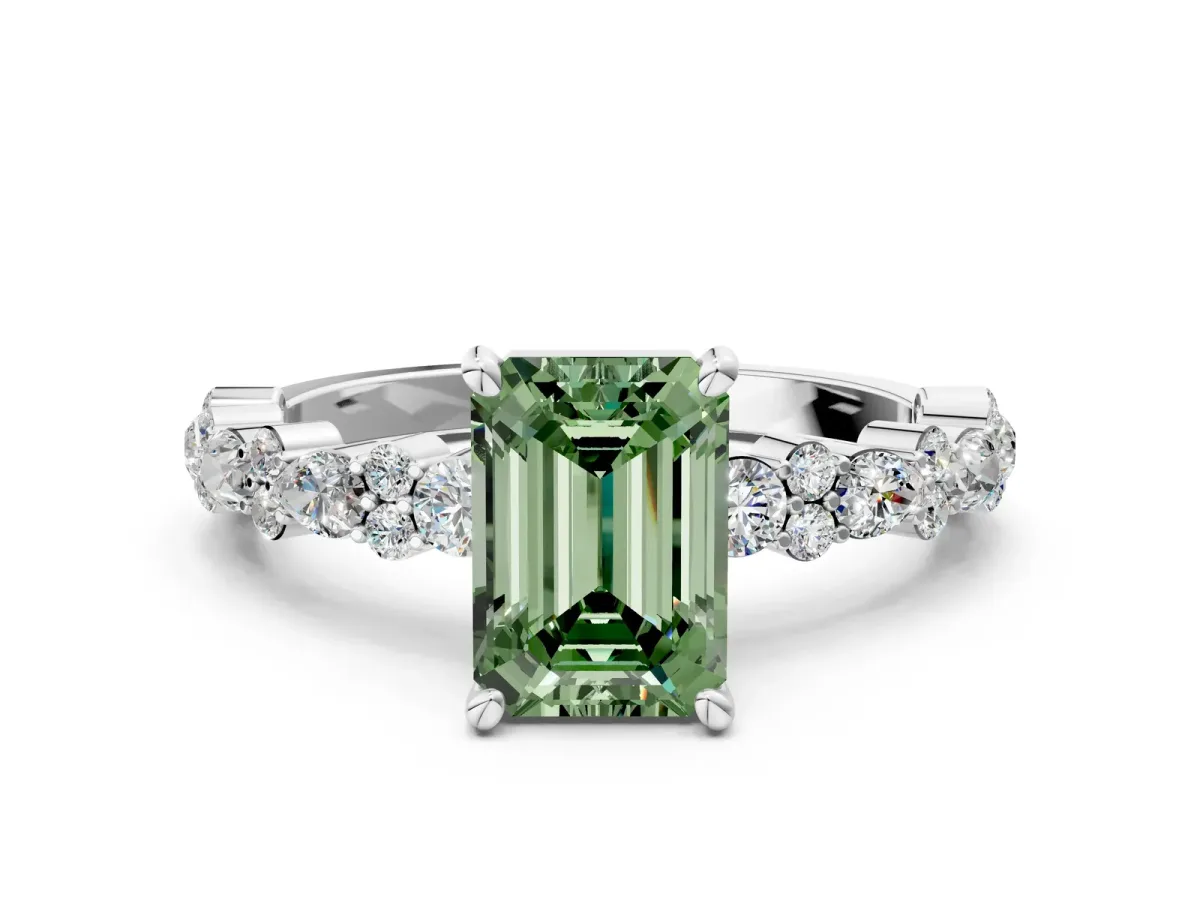 Fancy Green Emerald Cut Diamond Side Stone Solitaire Ring with Round and Four-Prong Setting Platinum