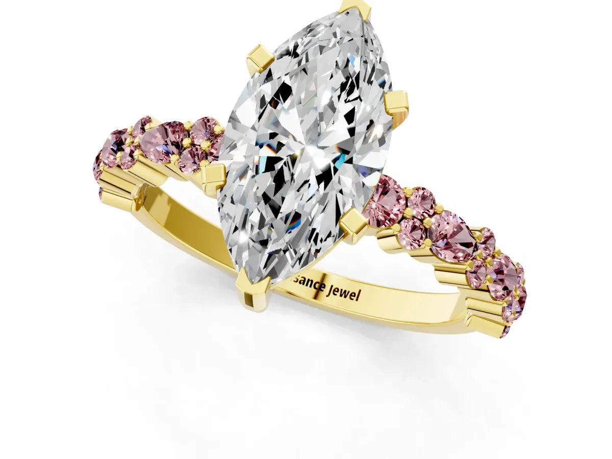 Marquise Cut Diamond Side Stone Solitaire Ring with Round Morganite and Four-Prong Setting Yellow gold