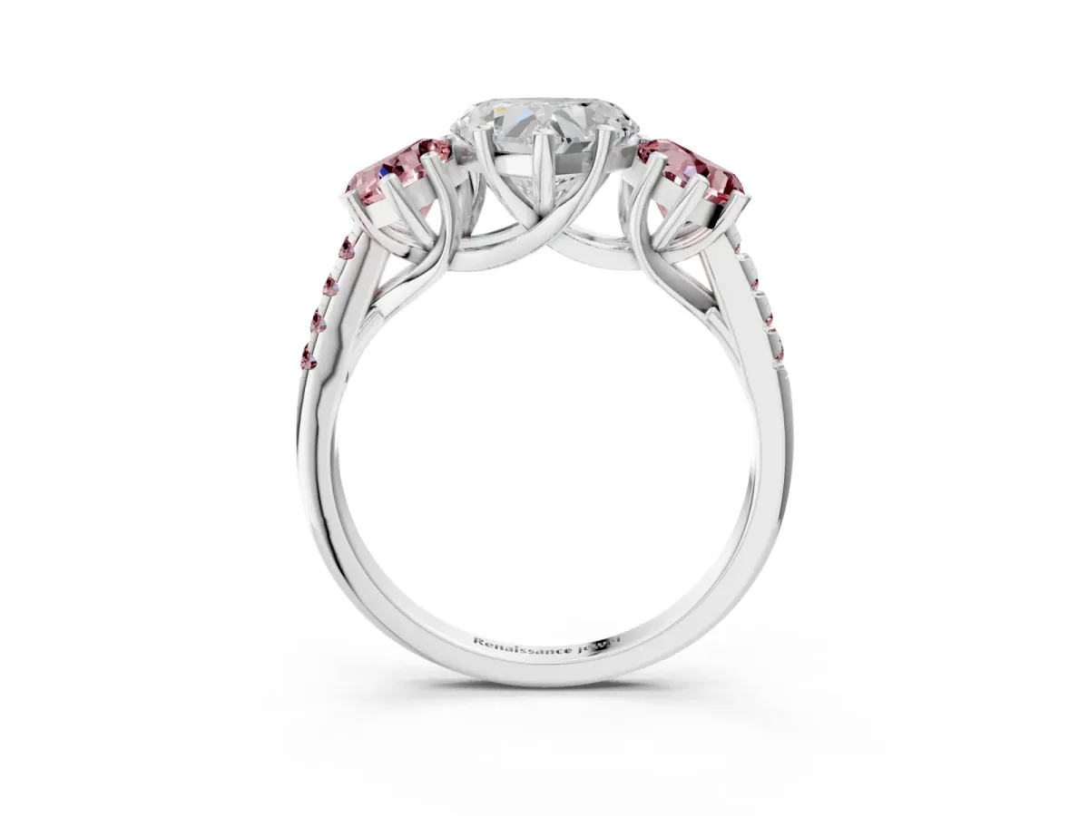 Three-Stone Heart Cut Diamond Ring with Round Morganite Pavé Band and Prong Setting White gold