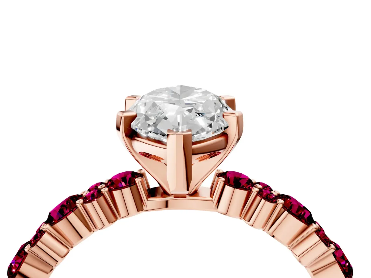 Marquise Cut Diamond Side Stone Solitaire Ring with Round Garnet and Four-Prong Setting Rose gold