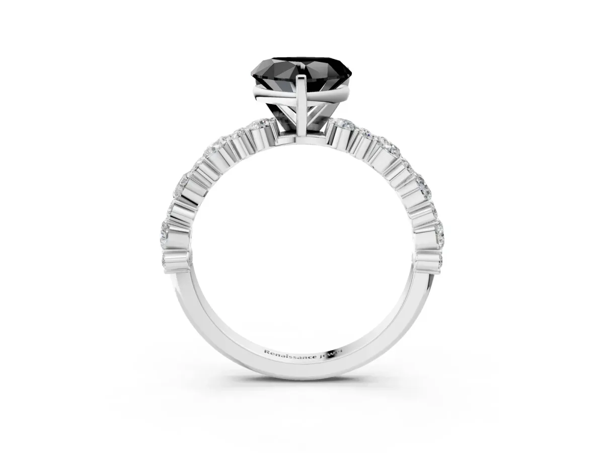 Fancy Black Heart Cut Diamond Side Stone Solitaire Ring with Round and Four-Prong Setting Platinum