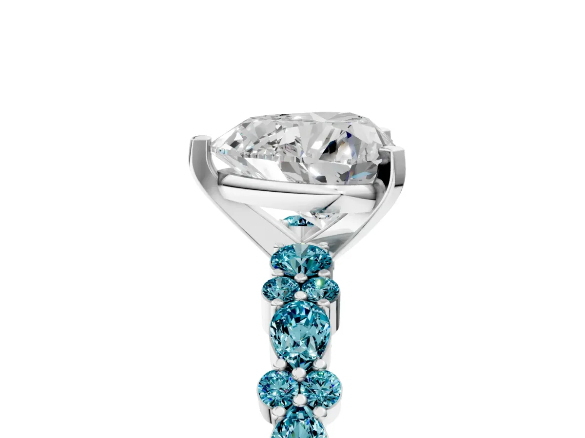 Heart Cut Diamond Side Stone Solitaire Ring with Round Blue Topaz and Four-Prong Setting Platinum