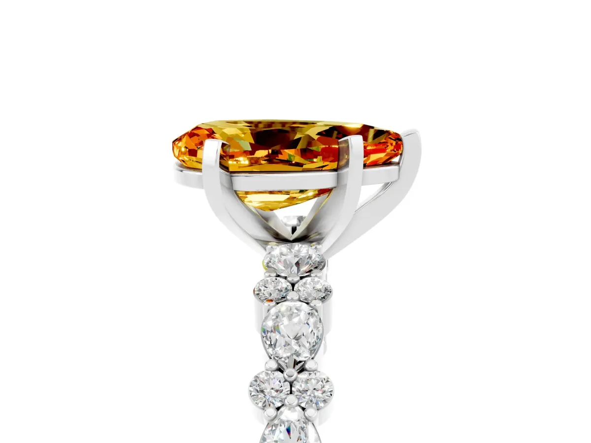 Pear Cut Citrine Side Stone Solitaire Ring with Round and Four-Prong Setting Platinum