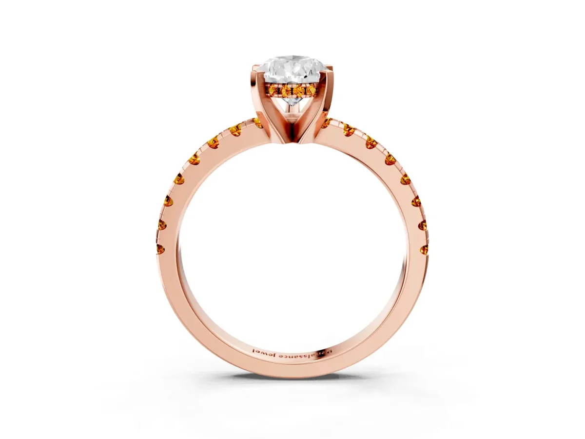 Pear Cut Diamond Solitaire Ring with Round Citrine Pavé Band and Four-Prong Setting Rose gold