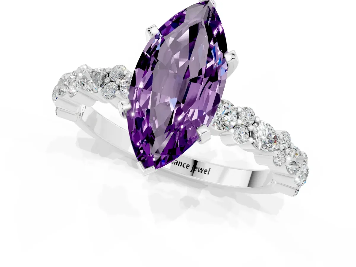 Marquise Cut Amethyst Side Stone Solitaire Ring with Round and Four-Prong Setting White gold
